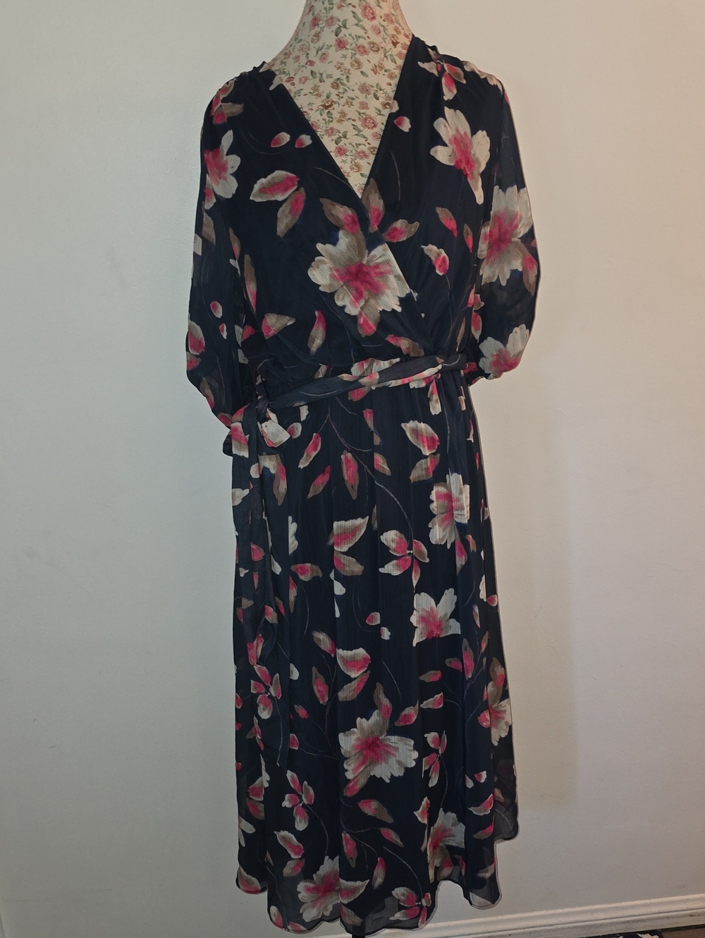 DKNY Navy Floral Wrap Midi Dress with Pink & Cream Blooms